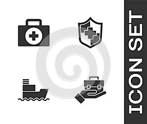 Set Hand holding briefcase, First aid kit, Ship and Life insurance with shield icon. Vector