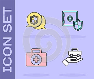 Set Hand holding briefcase, Location shield, First aid kit and Safe with icon. Vector