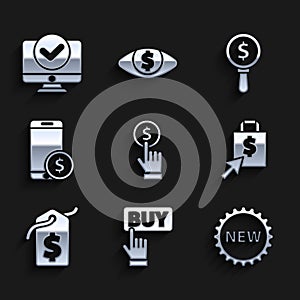 Set Hand holding coin, Buy button, Price tag with New, Shoping bag dollar, Smartphone, Magnifying glass and Computer