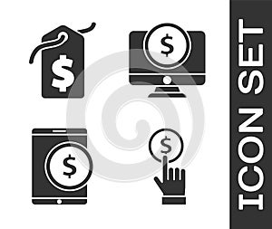 Set Hand holding coin, Price tag with dollar, Tablet with dollar and Computer monitor with dollar icon. Vector