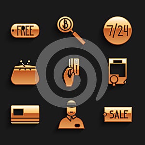 Set Hand holding with credit card, Seller, Price tag text Sale, Certificate template, Credit, Wallet, Clock 24 hours and