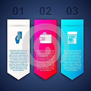 Set Hand holding with credit card, Wallet paper money cash and Shopping building or market store. Business infographic