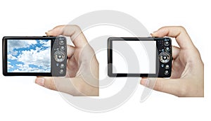 Set of hand holding digital camera