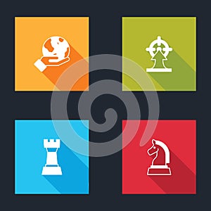 Set Hand holding Earth globe, Target, Chess and icon. Vector