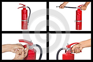 Set of hand holding fire extinguisher.