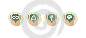 Set of Hand Holding green earth. Eco friendly icons. Sustainability, ecology and environment Development concept. Vector
