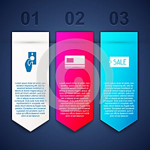 Set Hand holding money, Credit card and Price tag with text Sale. Business infographic template. Vector