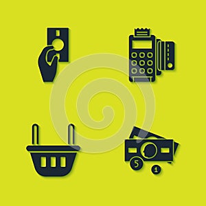 Set Hand holding money, Stacks paper cash, Shopping basket and POS terminal with credit card icon. Vector