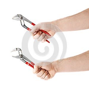 Set of hand holding a plumber wrench tool, composition isolated over the white background