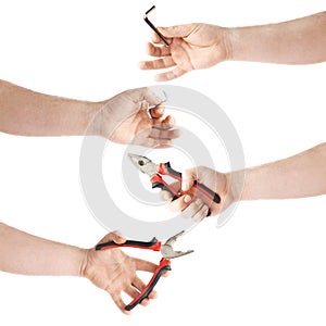 Set of hand holding a working tool, composition isolated over the white background