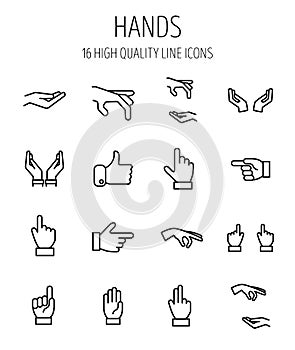 Set of hand icons in modern thin line style.