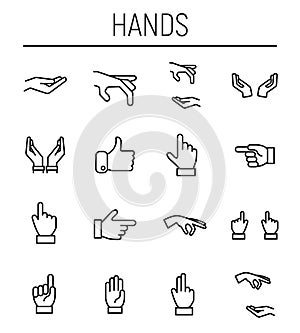 Set of hand icons in modern thin line style.