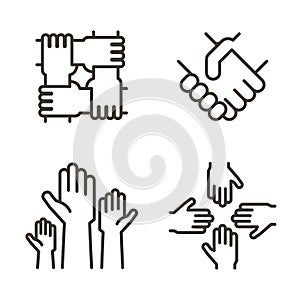 Set of hand icons representing partnership, community, charity, teamwork, business, friendship and celebration. Vector icon
