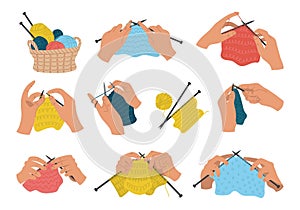 Set of hand knits. Handmade. Yarn, knitting needles. Vector flat linear illustration isolated