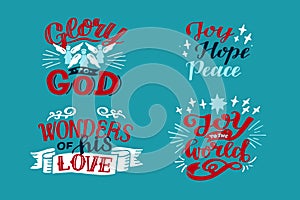 Set with hand lettering Bible verse Glory to God with angels, Joy the world.