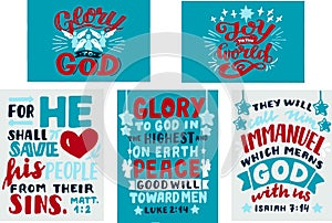 Set with hand lettering Bible verse Glory to God with angels, Joy the world.