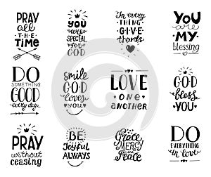 Set of 12 Hand lettering christian quotesYou blessings, Do good every day, Grace, mercy, peace, Love one another, Pray photo