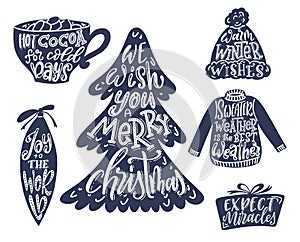 Set of hand lettering quotes for Christmas cards. Warm winter wishes text. Happy New Year. Vector illustration