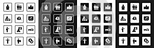 Set Hand like, Question mark, Media projector, Speaker, Project team base, Users group, and Head hunting icon. Vector