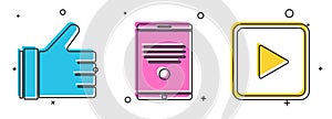 Set Hand like, Tablet and Play in square icon. Vector