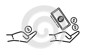 Set hand line with coin and money icon. Simple outline style finance concept on white background