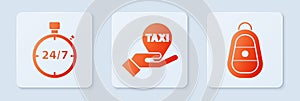 Set Hand on map pointer with taxi, Stopwatch 24 hours and Car key with remote. White square button. Vector