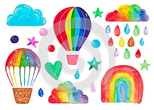 Set of hand-painted children`s clipart. Watercolor illustration rainbow balloon airship cloud decorative elements