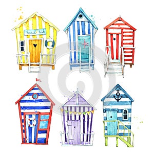 Set of hand painted, colorful watercolor beach huts