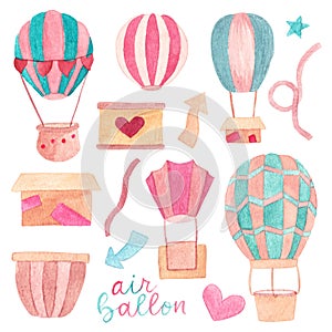 Set of Hand Painted Watercolor Air Ballon Vector Elements