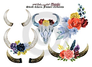 Set of hand painted watercolor flowers, leaves, antlers deer and horns in rustic style. Bohemian composition perfect for floral de
