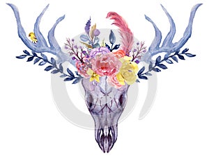 Set of hand painted watercolor flowers, leaves, antlers deer and horns in rustic style. Bohemian composition perfect for floral de