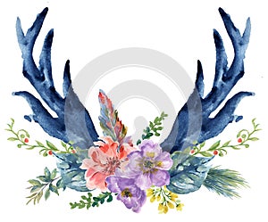 Set of hand painted watercolor flowers, leaves, antlers deer and horns in rustic style. Bohemian composition perfect for floral de