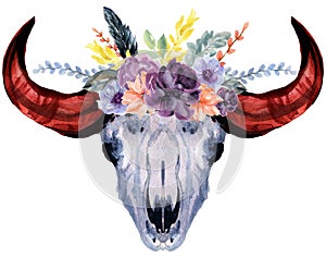 Set of hand painted watercolor flowers, leaves, skull horns bull in rustic style. Bohemian composition perfect for floral de