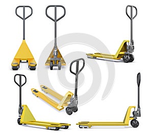 Set of hand pallet truck on white background. 3d render