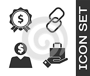 Set Hand and paper shopping bag, Price tag with dollar, Business man planning mind and Chain link icon. Vector