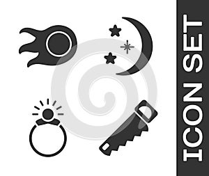 Set Hand saw, Fireball, Magic stone ring with gem and Moon and stars icon. Vector