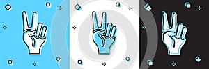 Set Hand showing two finger icon isolated on blue and white, black background. Hand gesture V sign for victory or peace