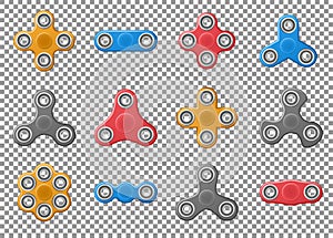 Set of Hand spinner toys. realistic yellow, red and gray spinner vector icons on transparent background