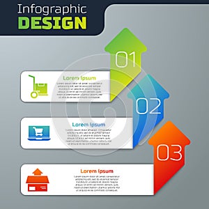 Set Hand truck and boxes, Shopping cart on laptop and Carton cardboard box. Business infographic template. Vector