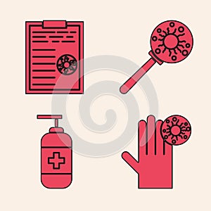 Set Hand with virus, Clipboard with blood test results, Virus under magnifying glass and Bottle of liquid antibacterial