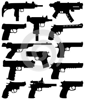 Set Hand Weapons Silhouettes. Pistol gun icons vector silhouettes. Small firearm, police or military handgun.