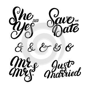 Set of hand written lettering wedding quotes.