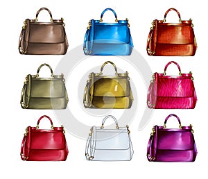 Set of handbags in different textures and colors