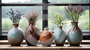 A set of handcrafted ceramic vases each one uniquely shaped and glazed adding warmth and character to a minimalist