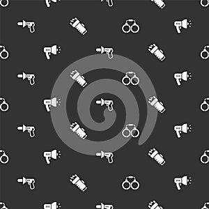 Set Handcuffs, Police megaphone, and electric shocker on seamless pattern. Vector