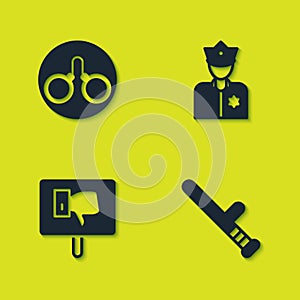 Set Handcuffs, Police rubber baton, Protest and officer icon. Vector