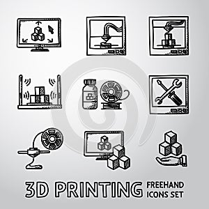 Set of handdrawn 3D Print icons - printers, pc