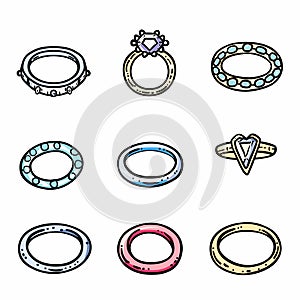 Set handdrawn engagement rings jewelry fashion. Cartoon style wedding bands collection gemstones