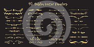 Set of handdrawn golden divide borders in ink. Swirls and dividers for design. Vector Black stylish border on black