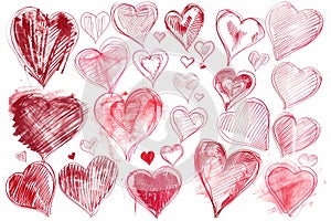 A set of handdrawn hearts in various shapes and sizes, with different shades of red on a white background. Ai generated